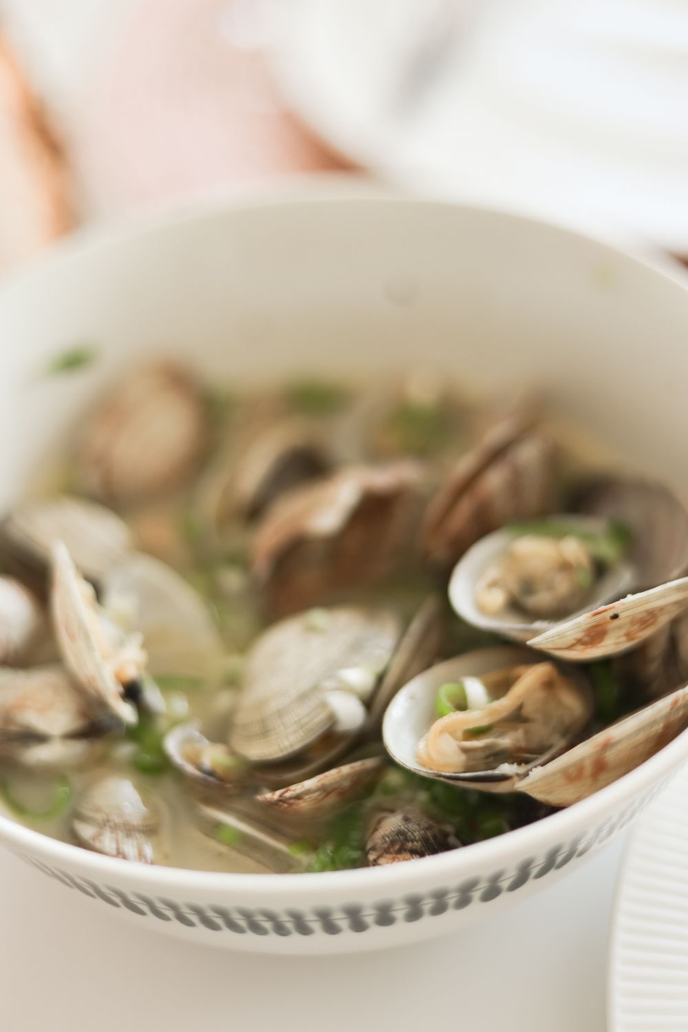 A steaming bowl of clam chowder with fresh clams and herbs in a white ceramic dish.
