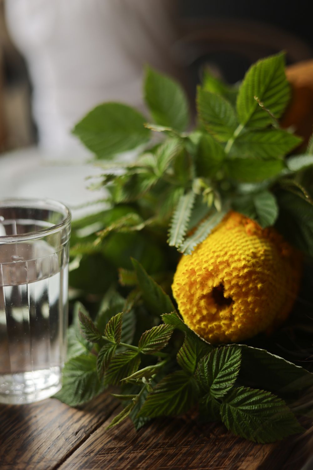 A yellow textured citrus fruit with green leaves sits beside a clear glass of water on a wooden surface.