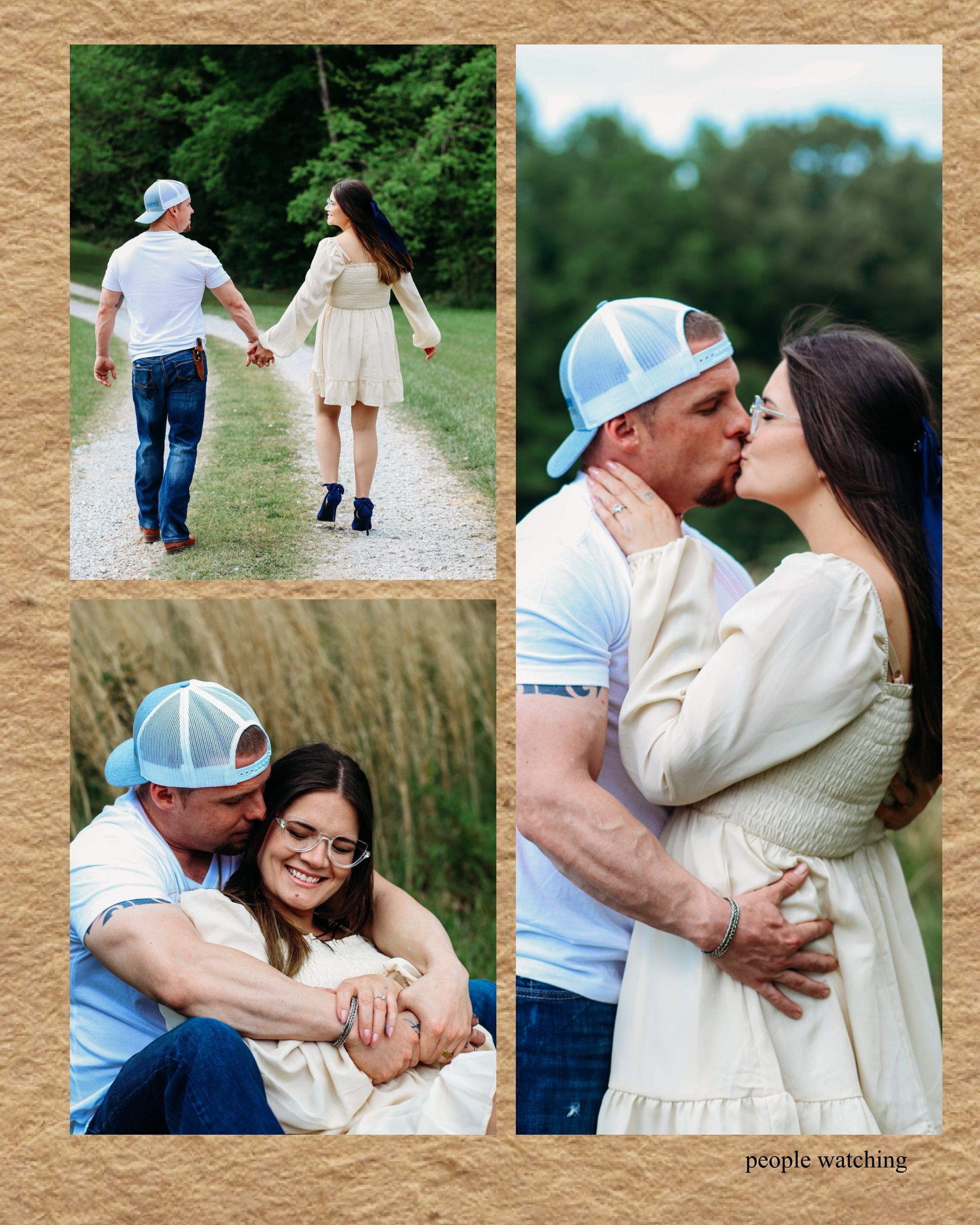 Engagement photo collage showing couple walking, kissing, and cuddling outdoors in nature setting.