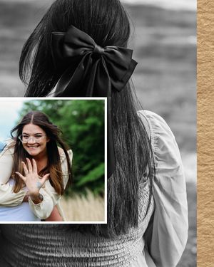Black and white collage of brunette woman with black bow hair clip and inset of her smiling showing ring.