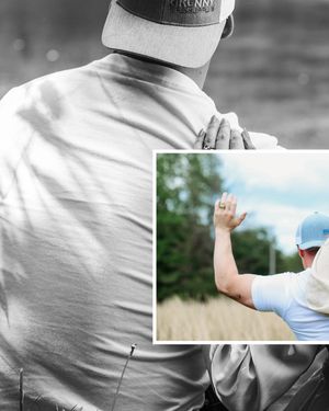 Black and white collage of man in baseball cap with color inset of couple holding hands outdoors.