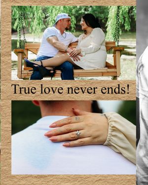 Romantic engagement collage with couple on swing bench and close-up of diamond ring, true love never ends.
