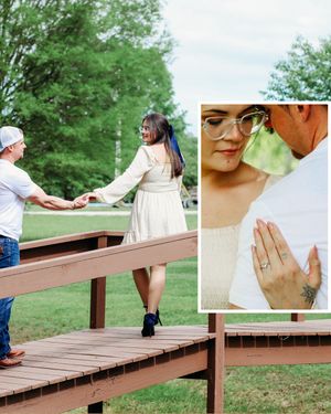 Engagement photo collage of couple on wooden bridge and close-up of woman showing diamond ring.