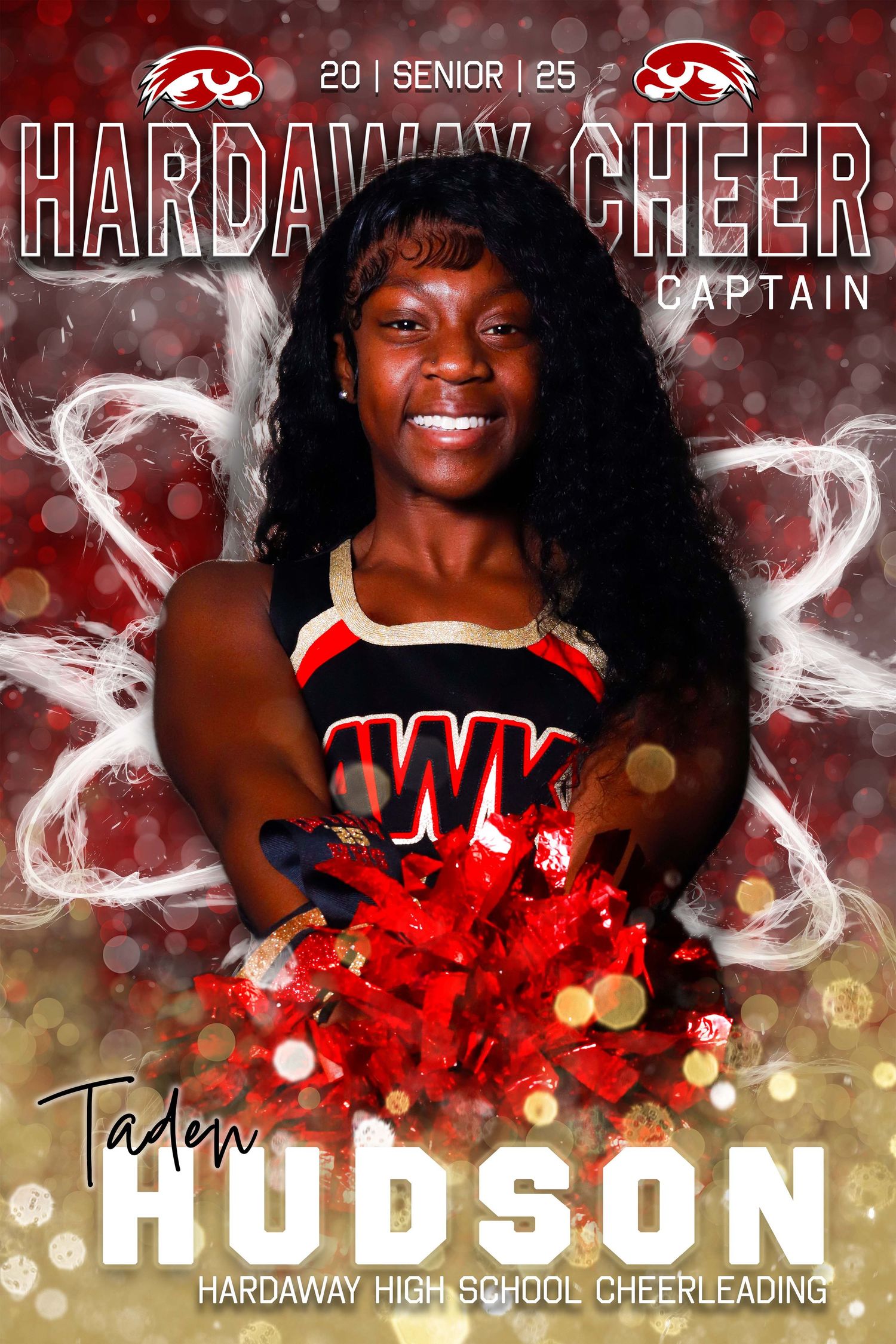 High school cheerleading captain portrait with red and black uniform against dramatic smoky background with bokeh effects.