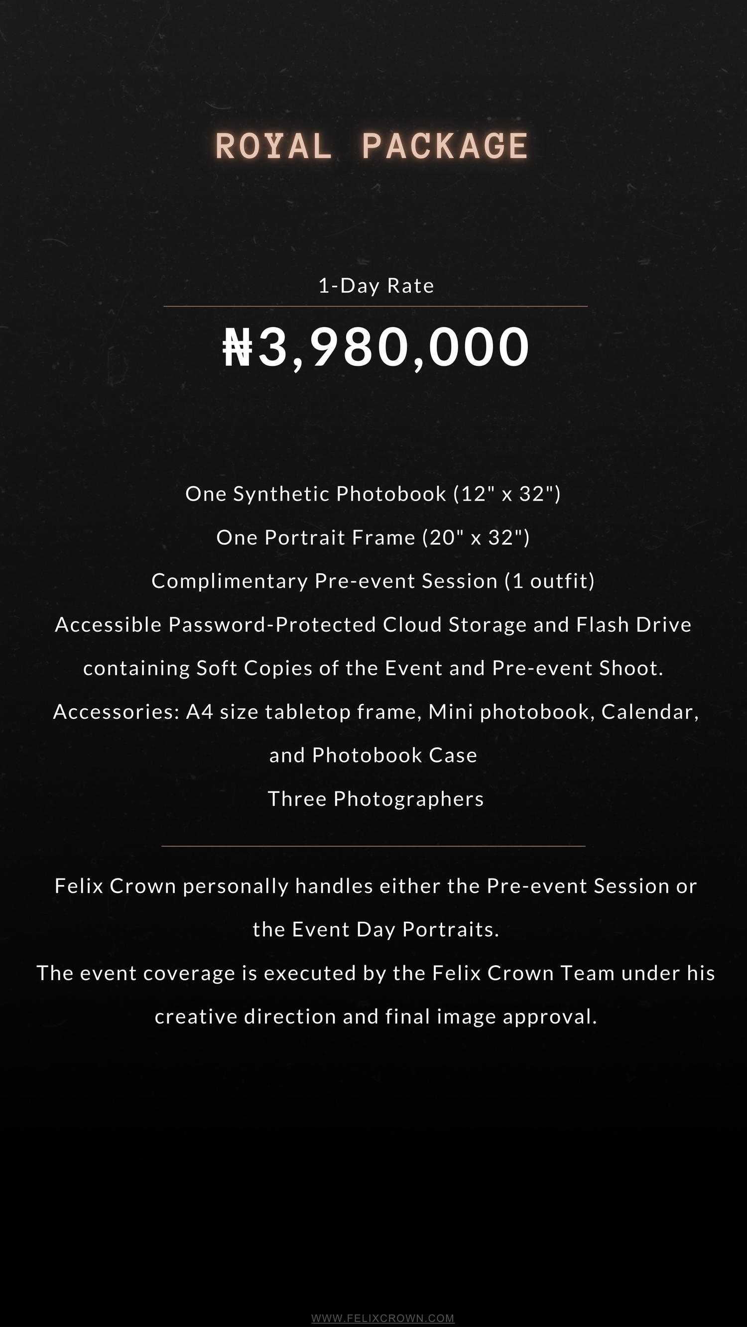 A wedding photography pricing menu displays the Royal Package with rates of N3,980,000 for 1-day and N6,989,000 for 2-day service.