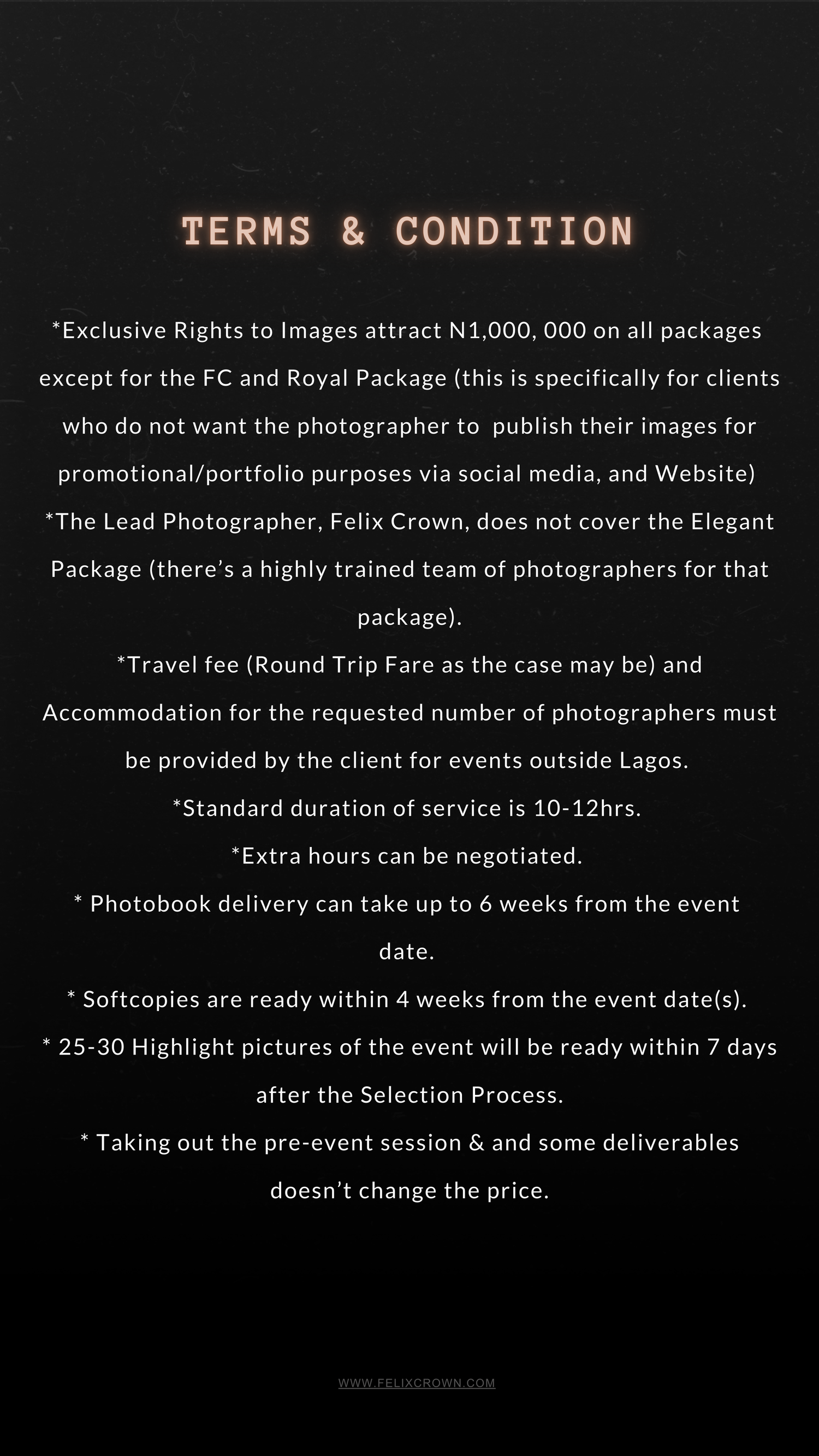 A wedding photography pricing menu displays the Royal Package with rates of N3,980,000 for 1-day and N6,989,000 for 2-day service.