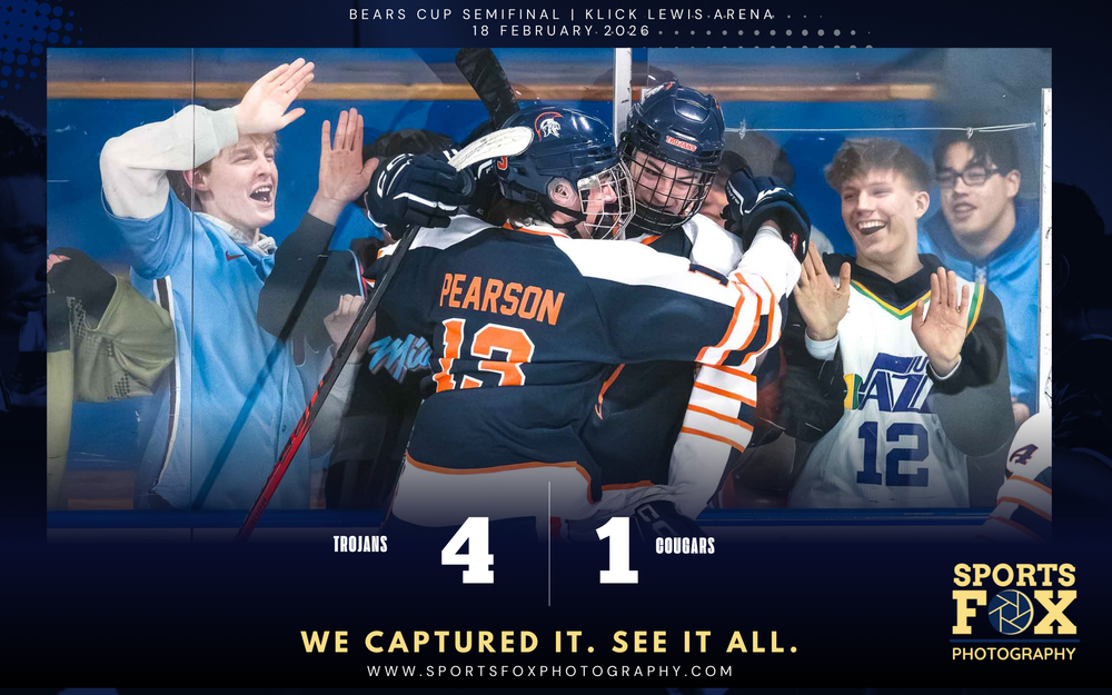 Trojans celebrate 4-1 Bears Cup Semifinal win over Cougars, final score graphic by SportsFox Photography, Hershey PA.