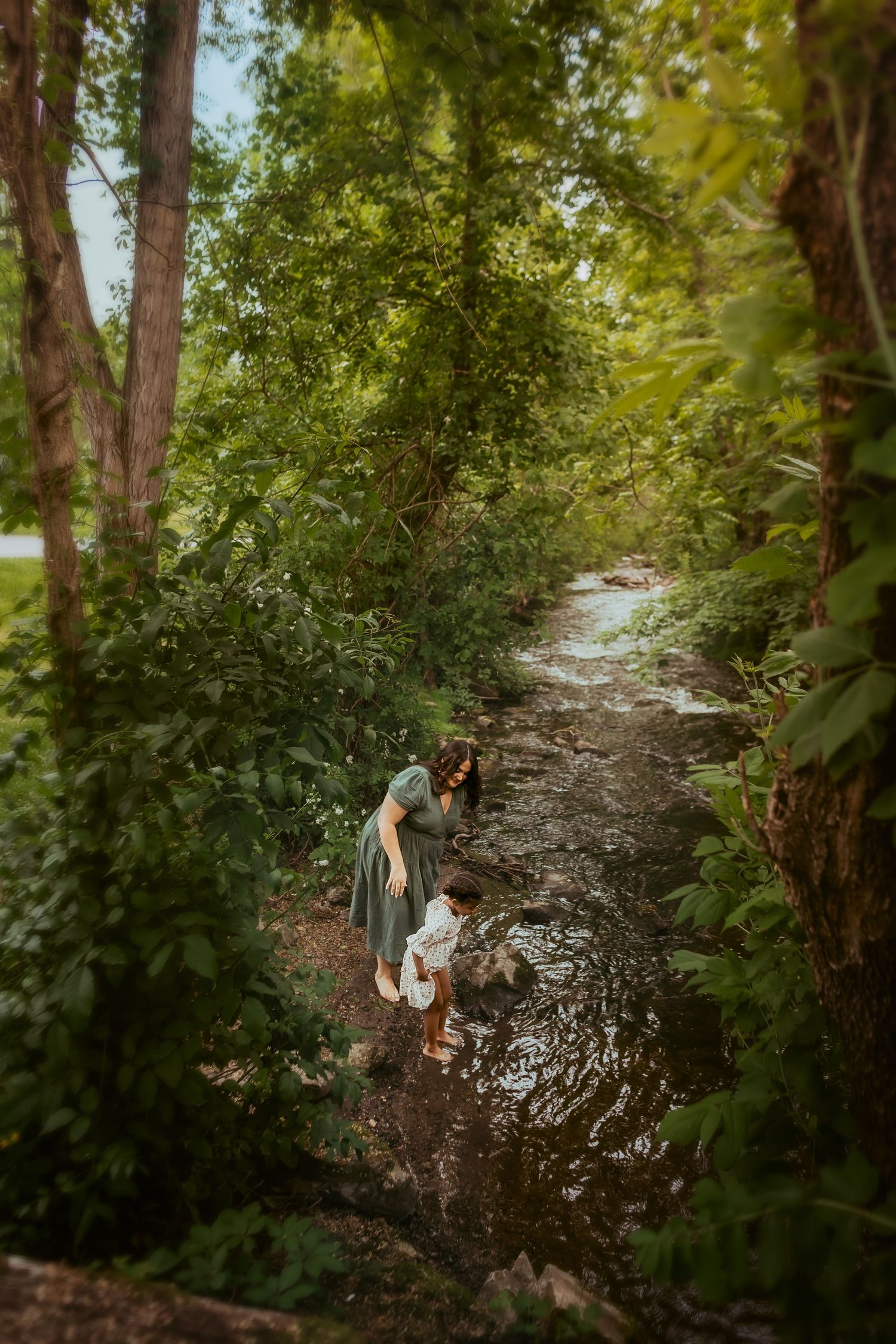 A sequence of four nature shots showing someone splashing and playing in a creek surrounded by lush green foliage.
