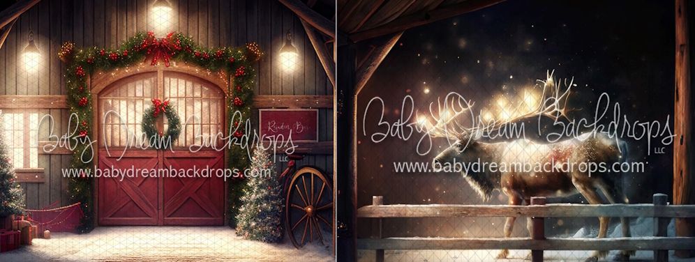 A rustic barn interior with a red stage, Christmas trees, and festive holiday decorations glowing warmly.