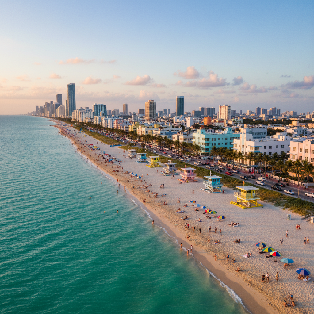 Aerial view of Miami Beach coastline with turquoise waters, sandy beaches and high-rise buildings along Ocean Drive at sunset.
