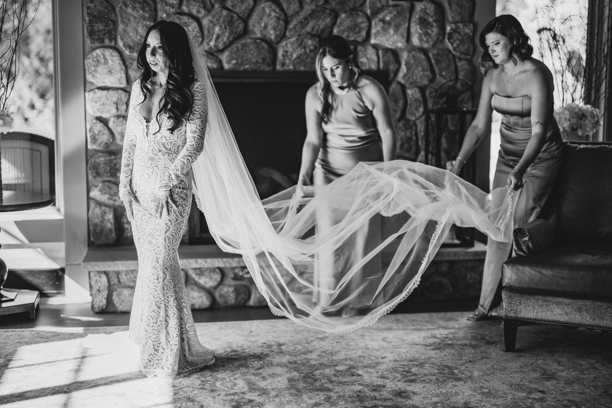 Series of romantic black and white wedding photos with flowing dress movement.