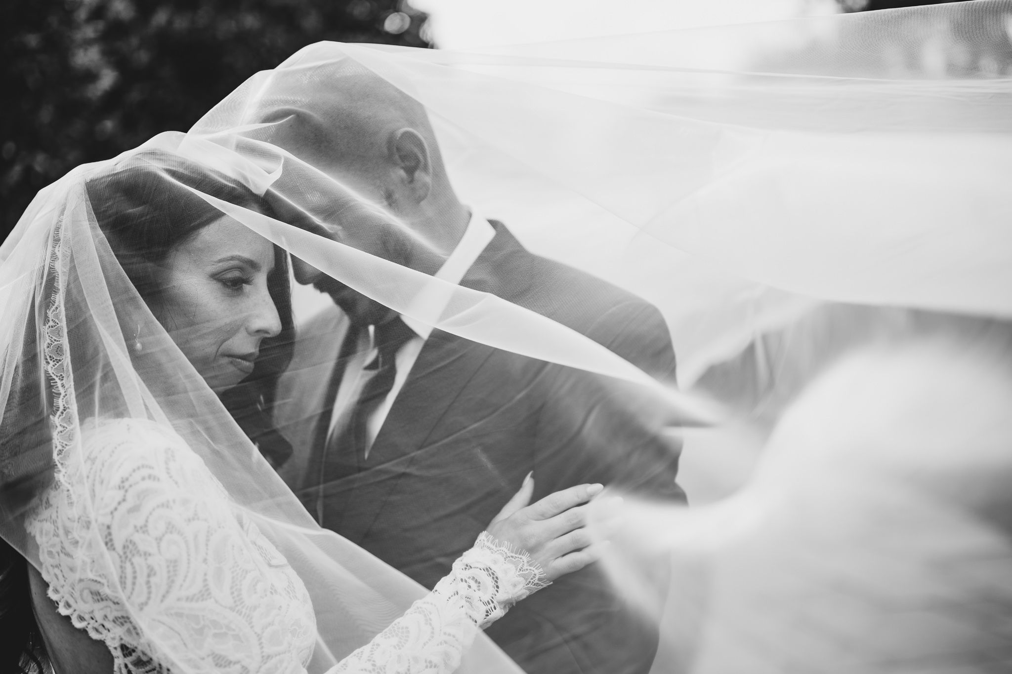 Artistic black and white wedding portrait through delicate lace veil.