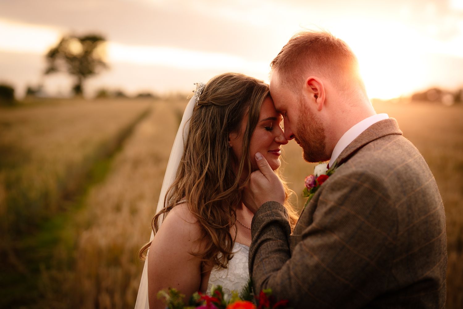A romantic couple embraces in a golden wheat field at sunset creating a dreamy silhouette.