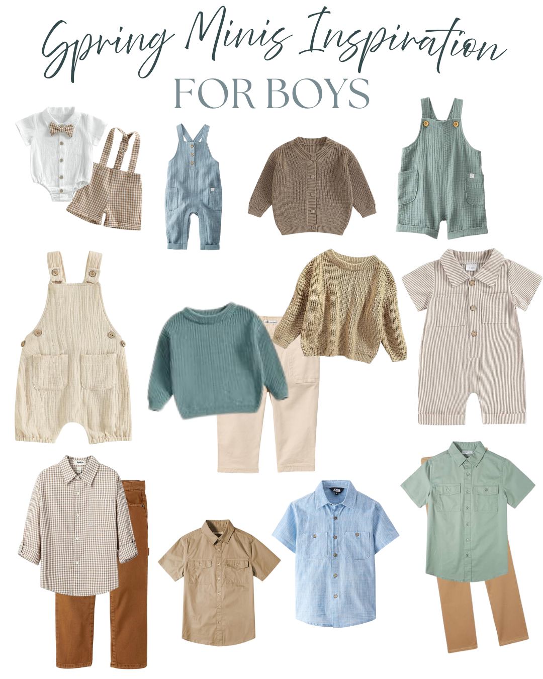 A collection of spring boys clothing items featuring overalls, sweaters, button-down shirts and pants in neutral and pastel colors.
