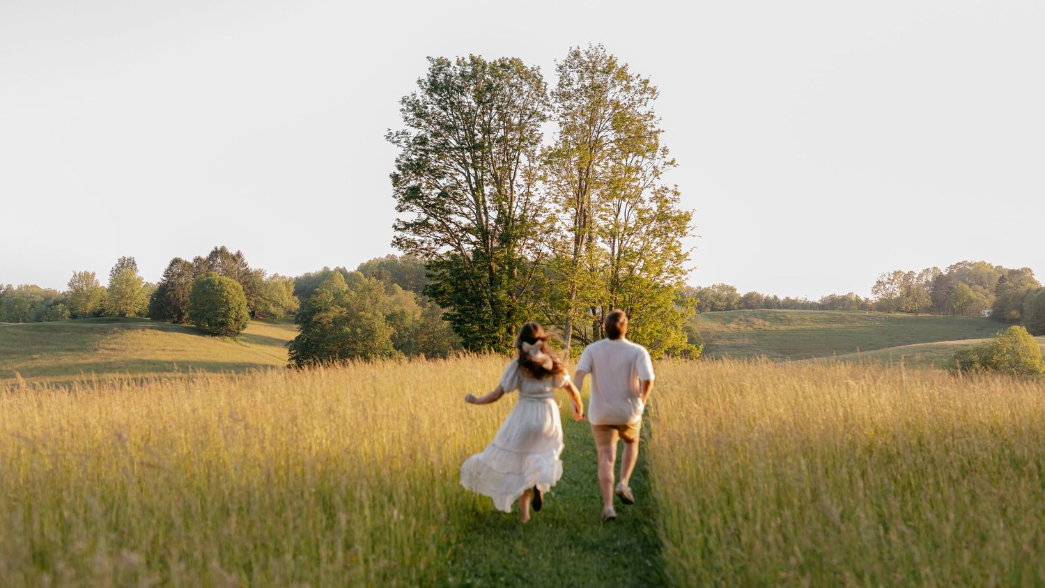 Couple walking hand in hand through a golden sunlit meadow with trees in the background.