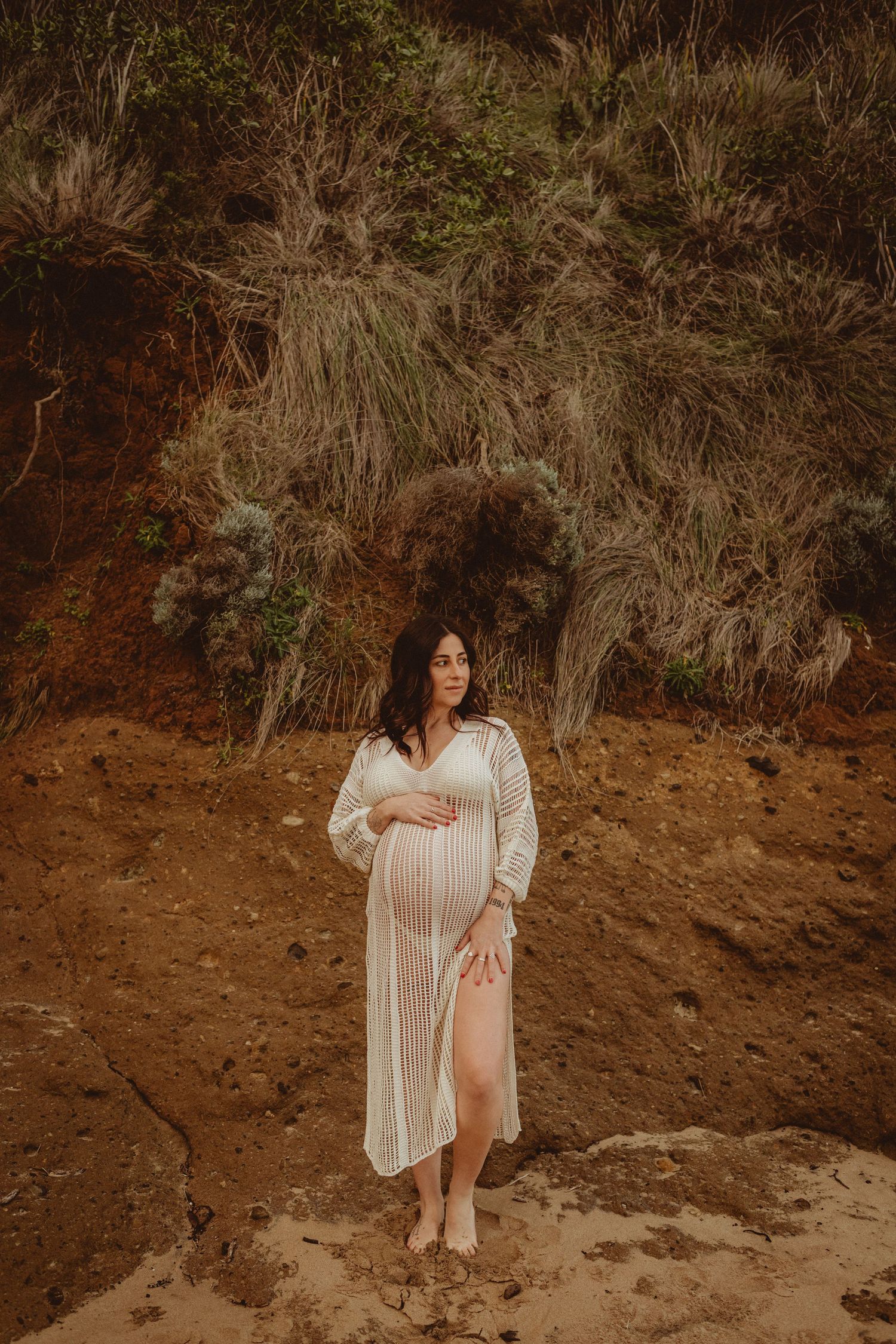 Photoshoot of Crochet dress on maternity model at a Surfcoast Beach during sunset. Geelong, Australia