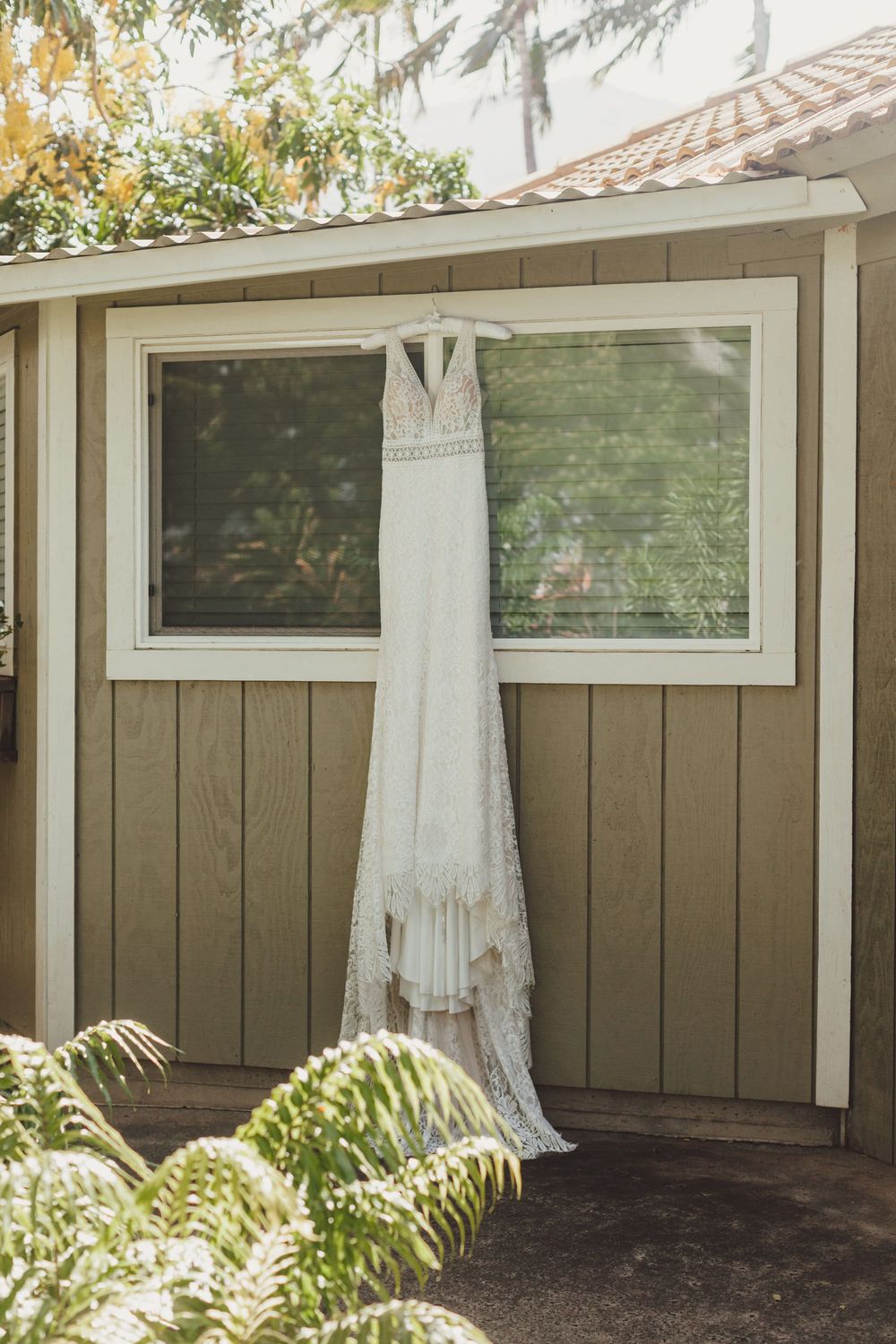 A series of three exterior photos showing brown wooden fence panels with windows and palm trees in a backyard setting.