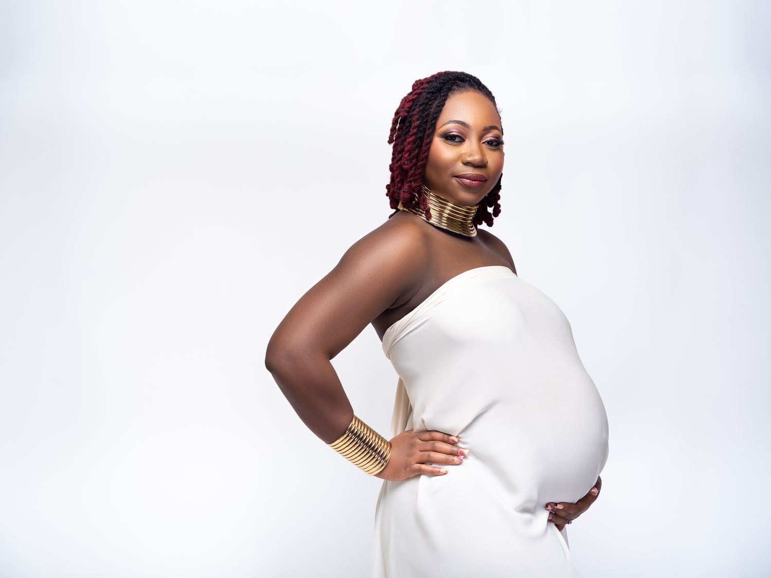 A series of fashion portraits showing someone posing in a white top against a light background.