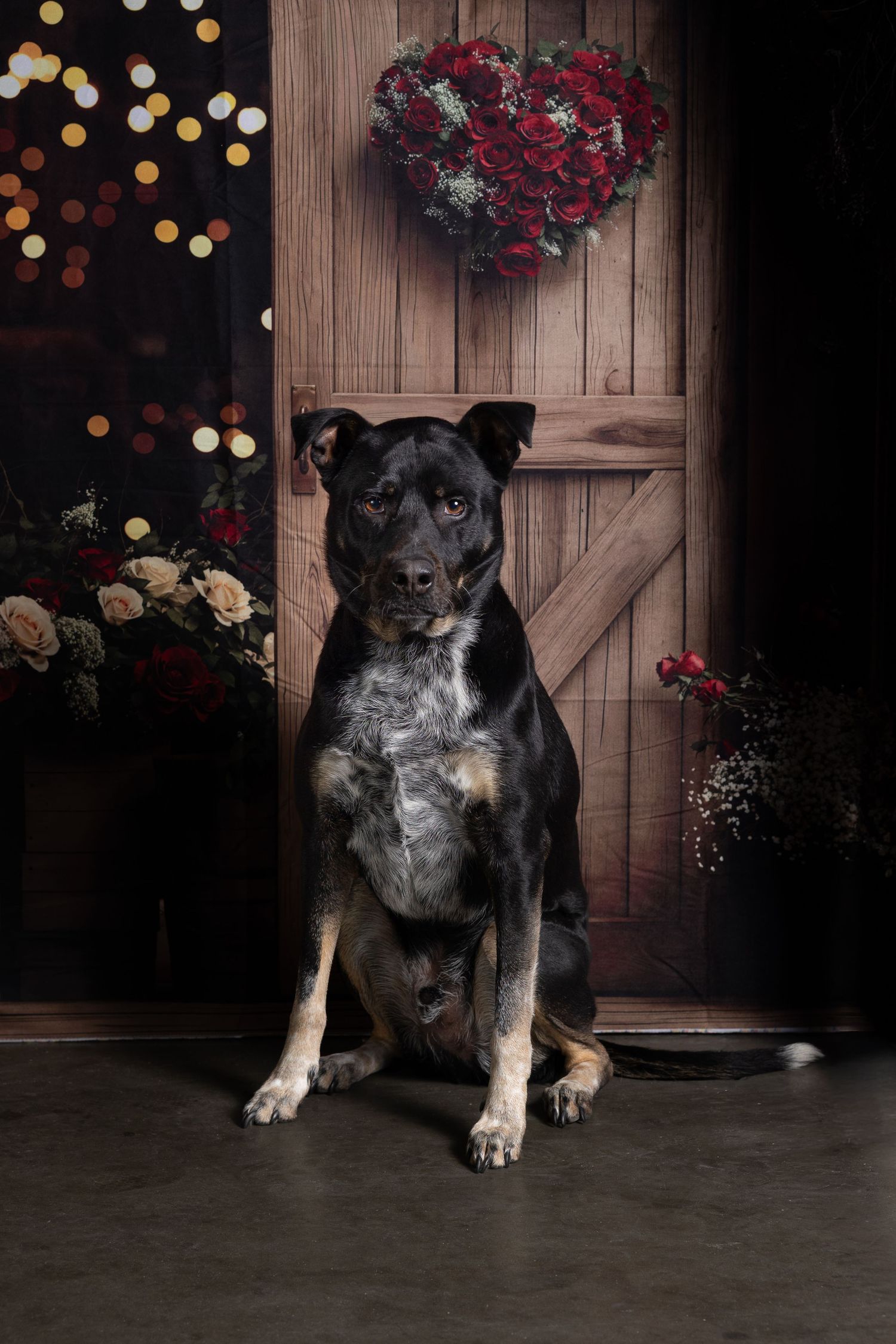 Black and tan dog sits in front of wooden door with red flowers and bokeh lights in studio setting.