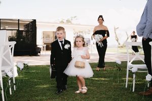 A sequence of wedding celebration photos showing guests, dancing, and outdoor reception moments on a grassy lawn.