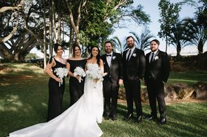 Wedding celebration captured in a series of candid moments under trees at an outdoor venue.
