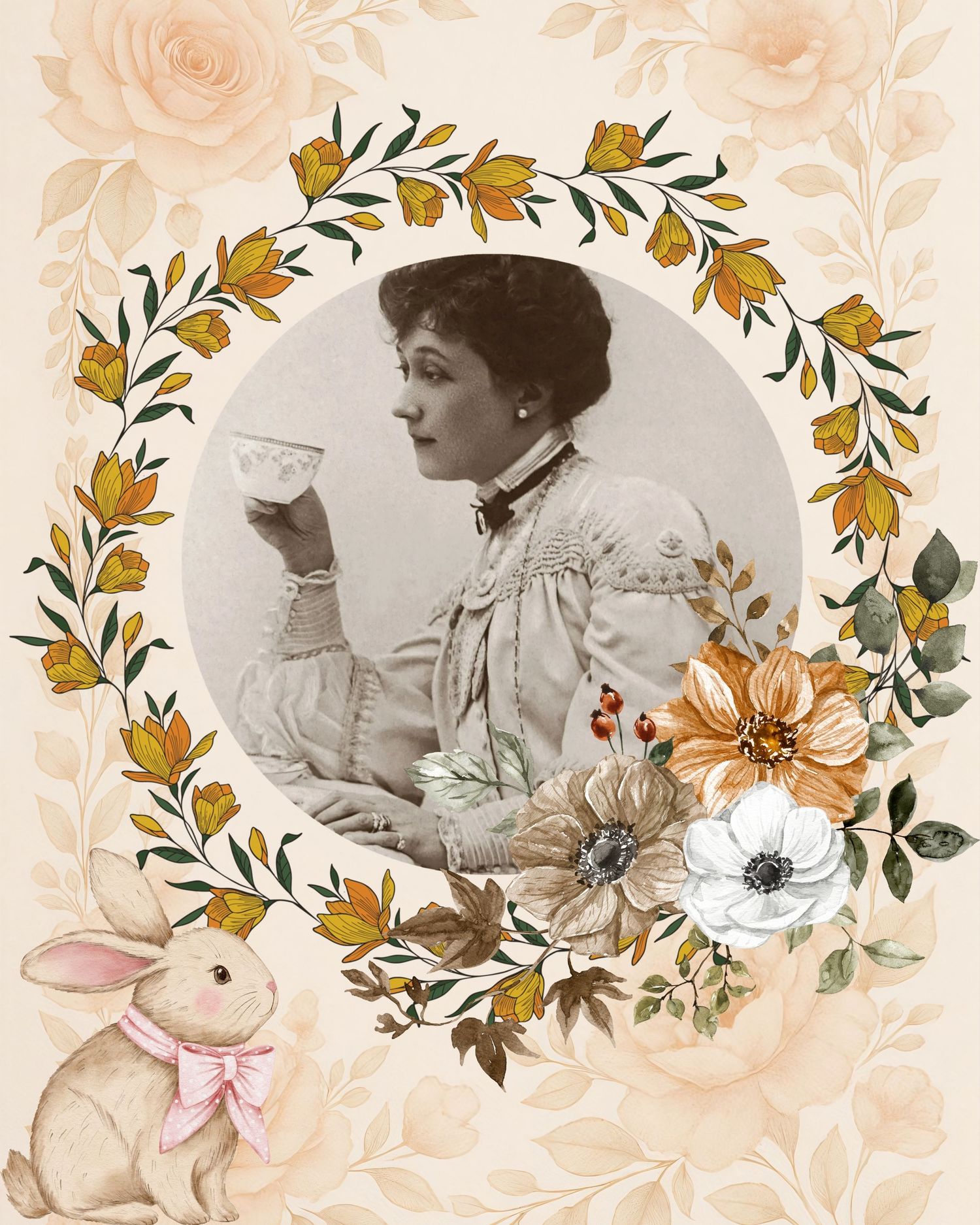 Vintage sepia photos of a person reading arranged in a decorative border with watercolor flowers and a bunny illustration.