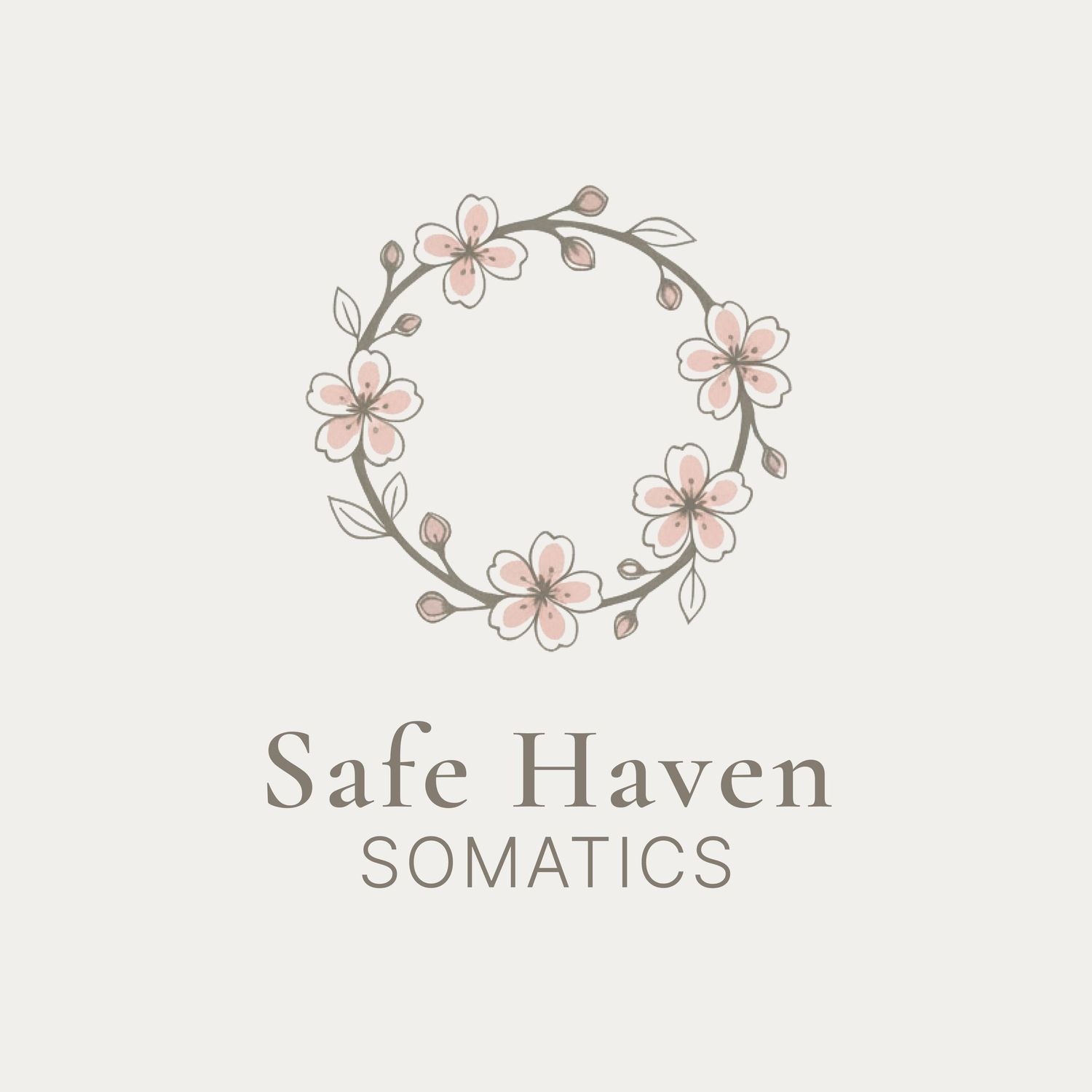 A delicate floral wreath logo design with pink blossoms and gray text reading 'Safe Haven Somatics' underneath.