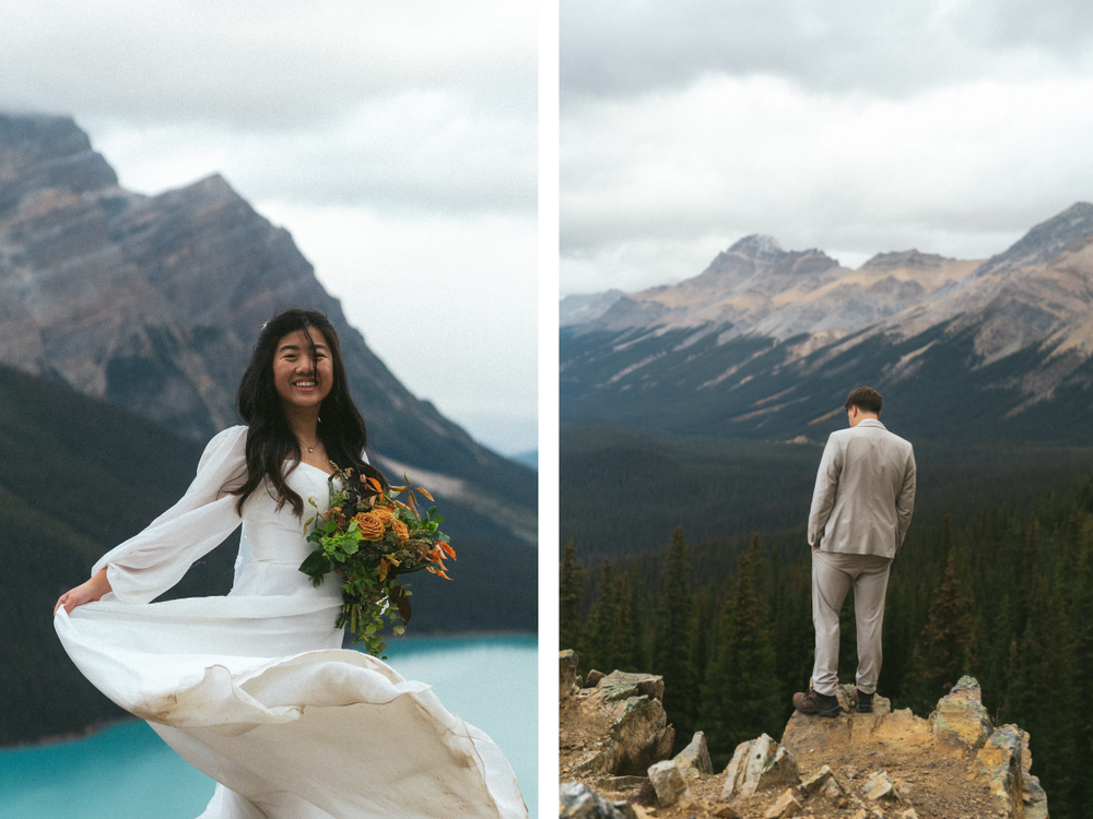 bride laughs as she twirls her wedding dress at Peyto Lake in Banff National Park