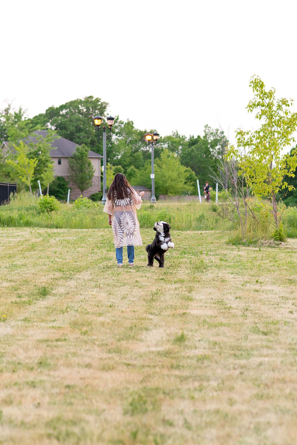 A person and their black dog walking together on a grassy hillside path on a sunny summer day.