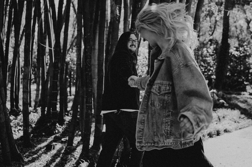 A collection of black and white photographs arranged in a horizontal strip showing outdoor scenes with trees and figures.