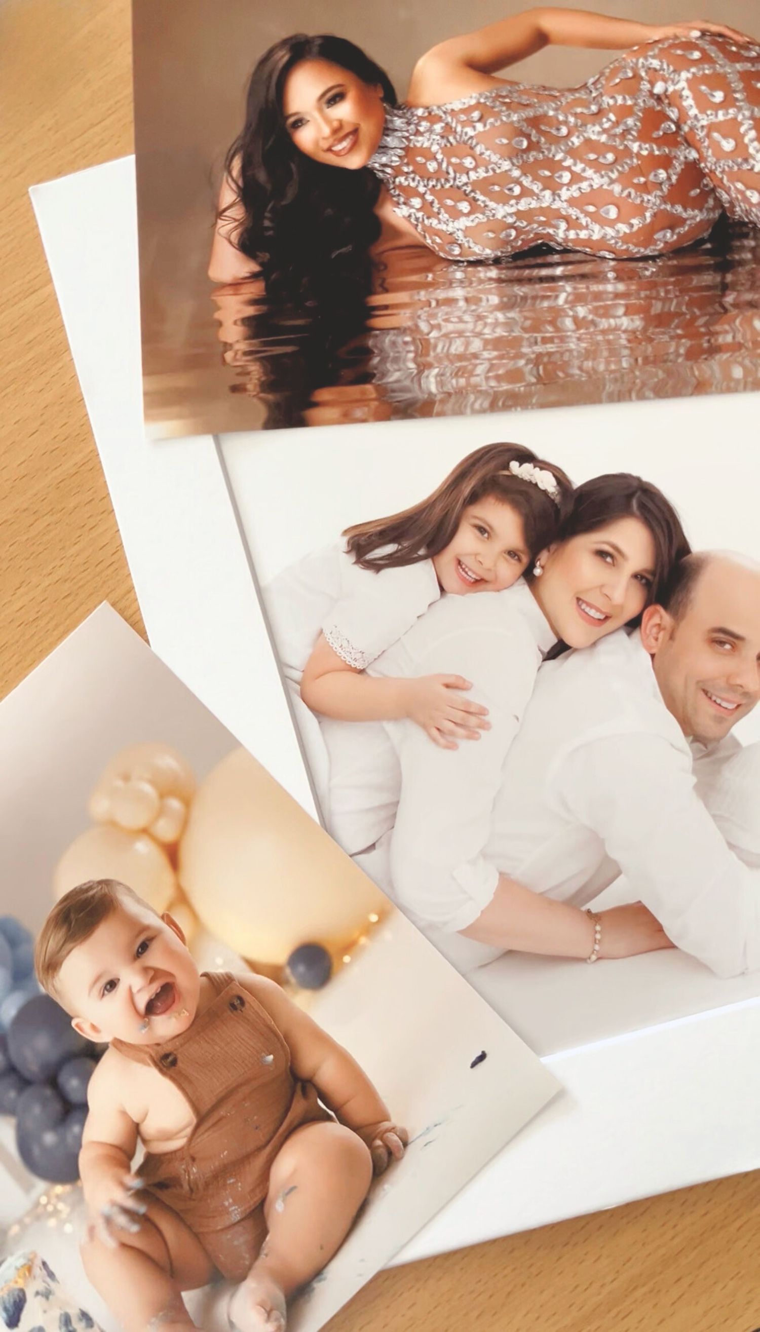 Collage of romantic couple photos showing tender moments together on white bedding against a brick wall backdrop.