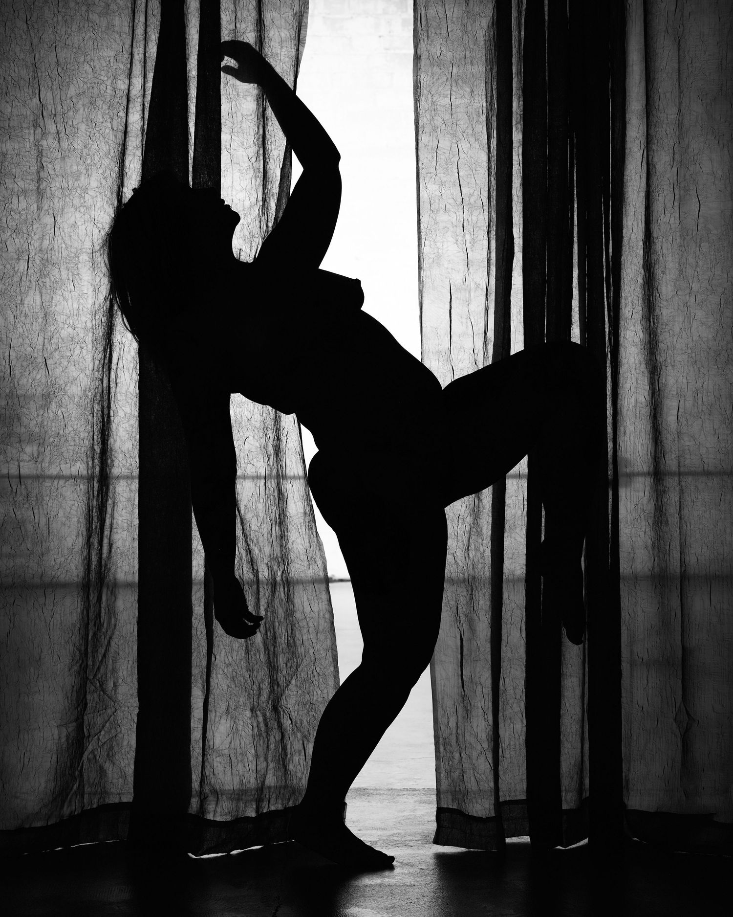 David G Holt Photography - black and white silhouettes of dancers in graceful poses against a curtained backdrop create a dramatic sequence.