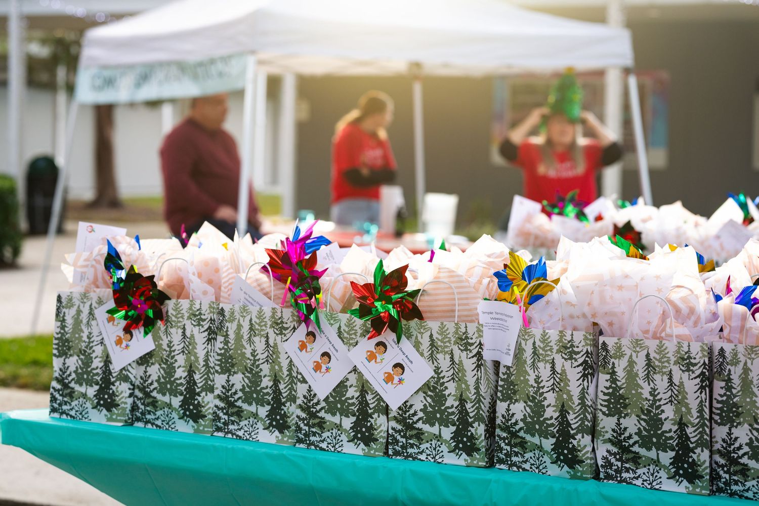 Miniature winter village display with snowy evergreen trees and small buildings arranged in festive holiday scene.