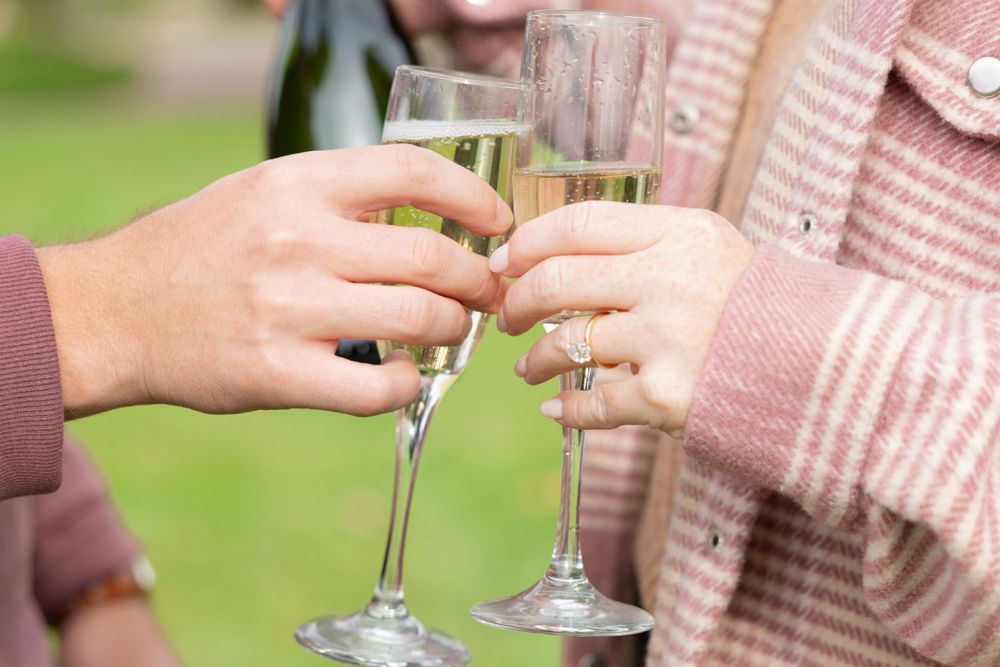 Close-up of a couple's hands clinking champagne glasses during an engagement session in St.Paul,MN showing a diamond engagement ring.