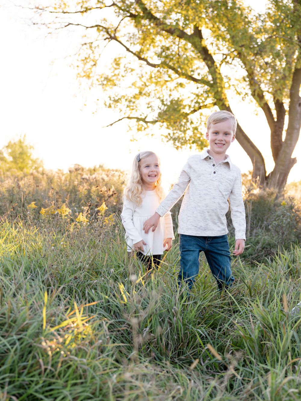 Outdoor lifestyle photography of a young brother and sister holding hands in a golden sunlit field during a family session in Grant, MN.
