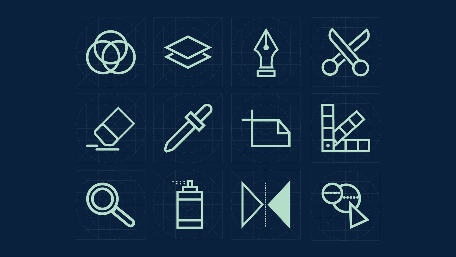 Set of minimalist design icons in mint green color on dark blue background.