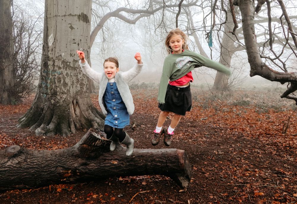 Two children jumping off a fallen log in a misty forest with autumn leaves.