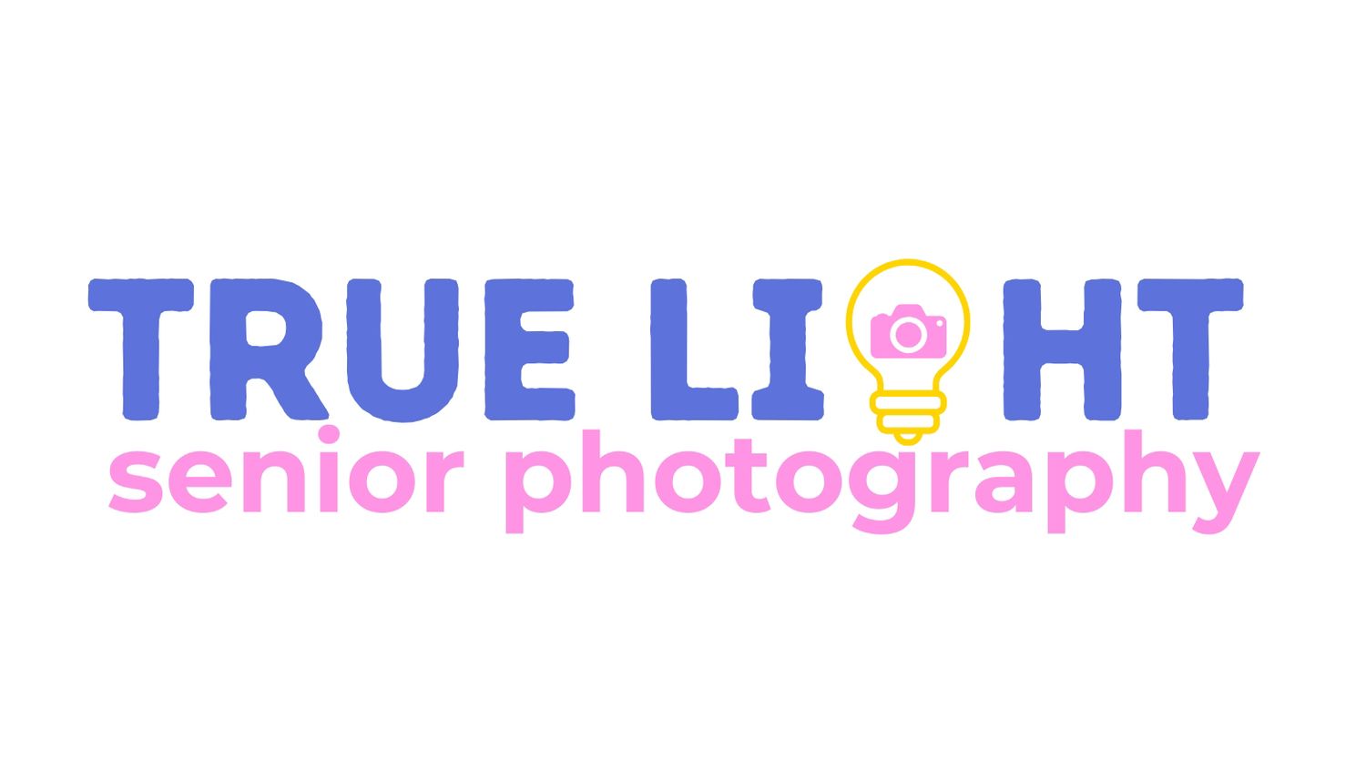 A photography business logo with blue and pink text featuring a lightbulb icon for senior portraits.