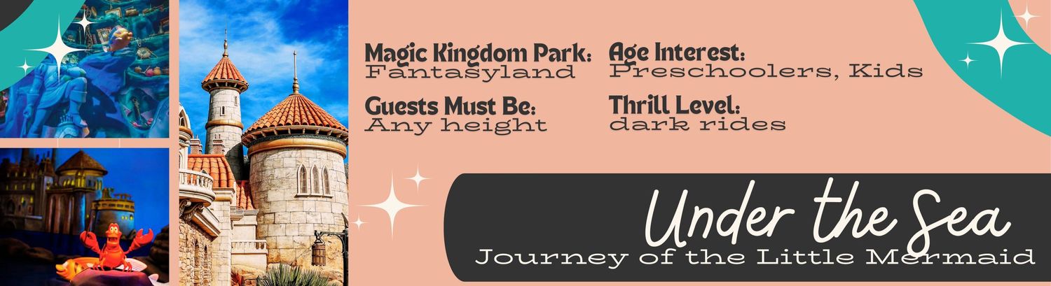 Colorful theme park website footer showing attractions banners with photos and text for rides and entertainment.