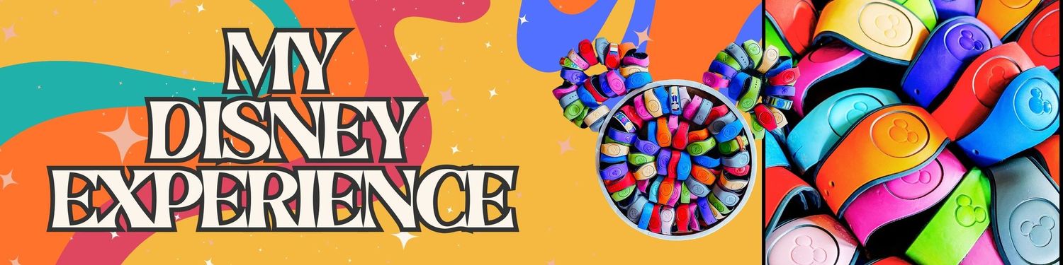 Colorful banner featuring the text 'My Disney Experience' with Mickey Mouse ears and decorative elements.