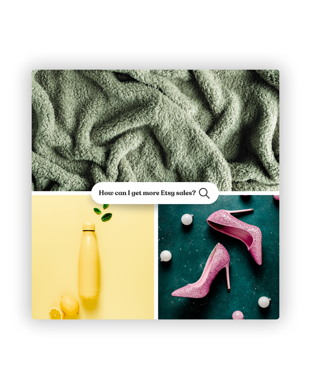 A split-screen collage featuring a green textured surface, yellow bottles, and pink high heels with pearls on teal background.