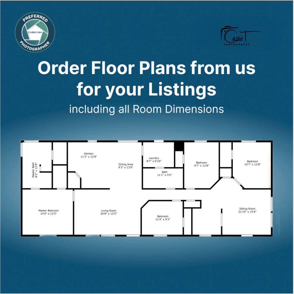 Advertisement for floor plan ordering service showing a sample layout with room dimensions and measurements.