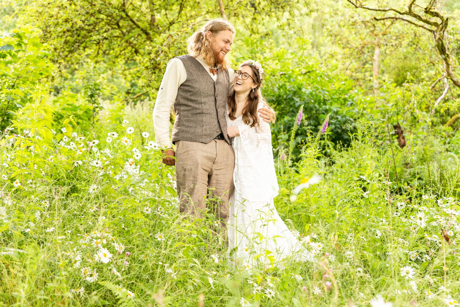 Rustic wedding photography among wildflowers