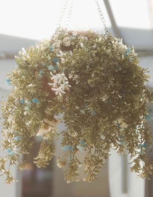 A delicate hanging floral arrangement with cascading white and green foliage in a rustic style.