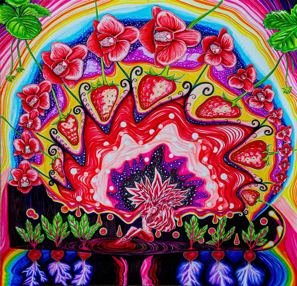 Vibrant psychedelic painting of red orchids and strawberries surrounding a cosmic floral center with rainbow borders.