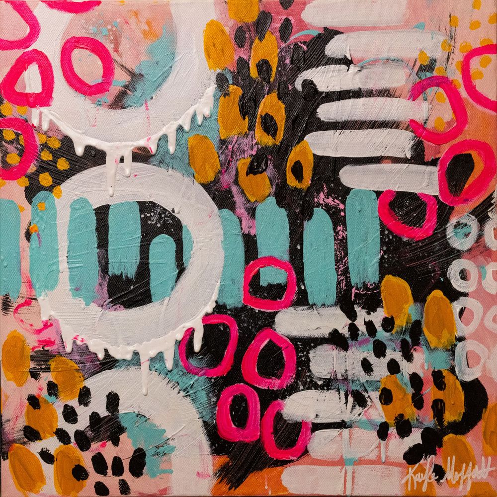 Vibrant abstract acrylic painting featuring pink circles, teal brushstrokes, and gold dots on dark background.