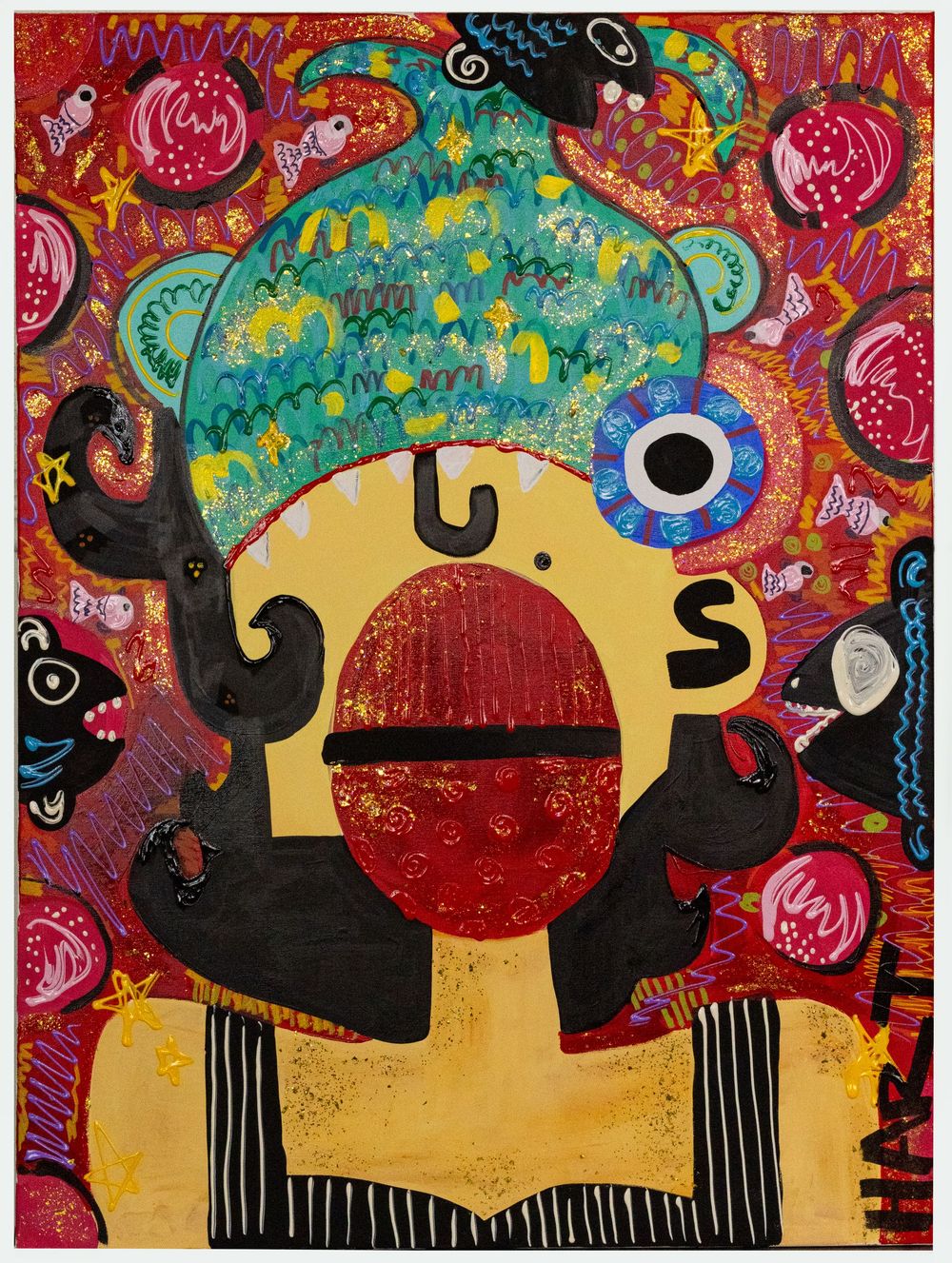 Bold colorful mixed media painting of an expressive face surrounded by fish, flowers, and abstract shapes.