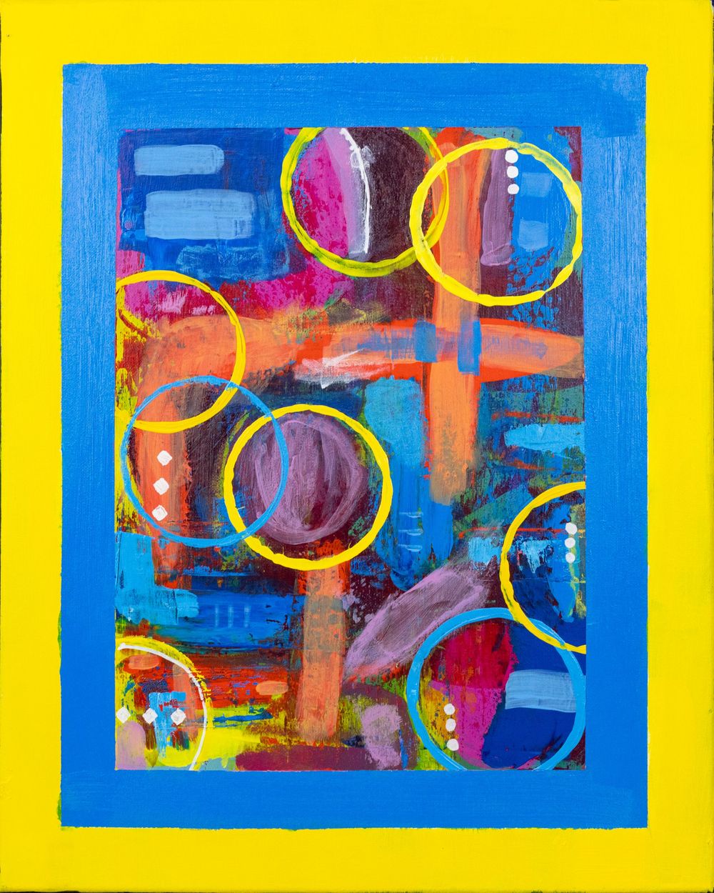 Vibrant abstract painting with yellow circular rings on a colorful blue, pink, and orange background with a bold yellow border.
