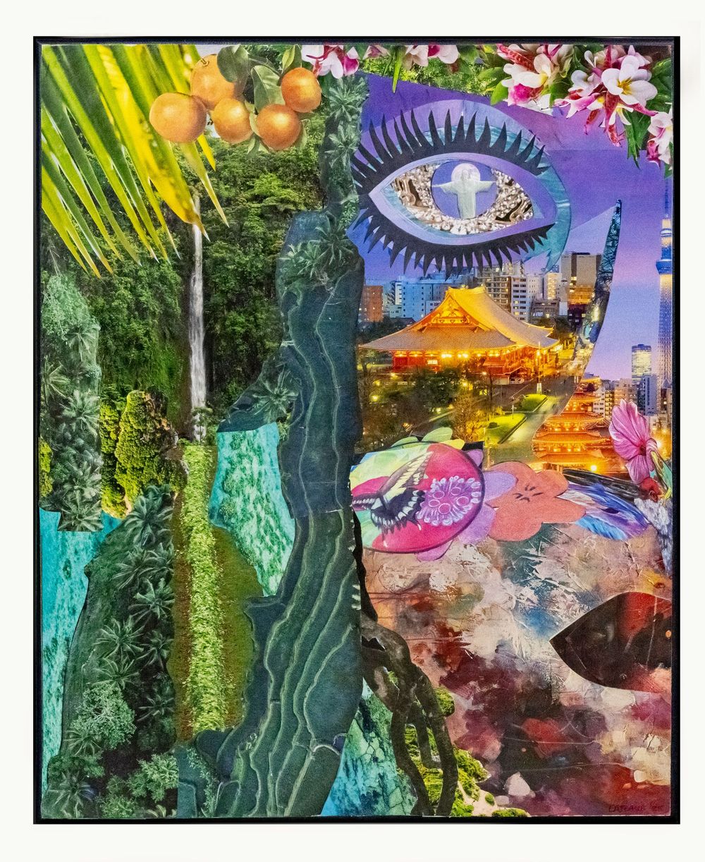 Vivid collage artwork combining tropical nature, cityscape, giant eye, and floral elements in rich colors.