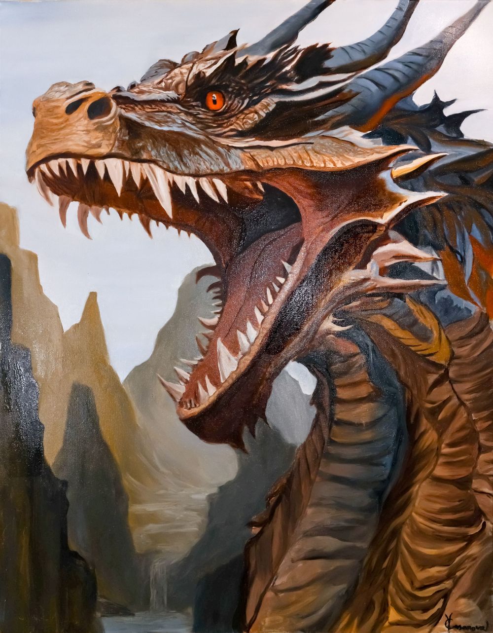 Detailed fantasy painting of a fierce copper-scaled dragon with glowing orange eyes in a rocky landscape.